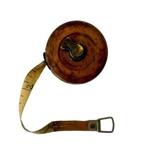 Antiques Round Roll Up Tape 66 FT England Leather Case Brass #400 Cloth's Tape